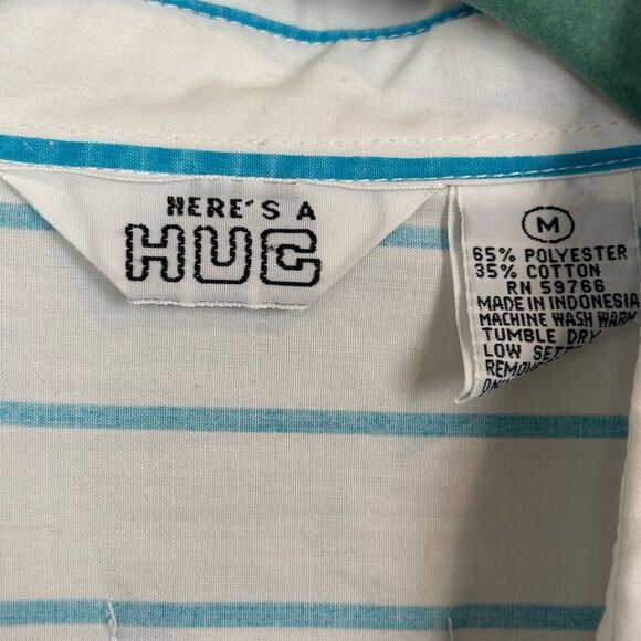 Vintage Here’s a Hug White Turquoise Striped Boxy Camp Shirt 80s M - Picture 3 of 7